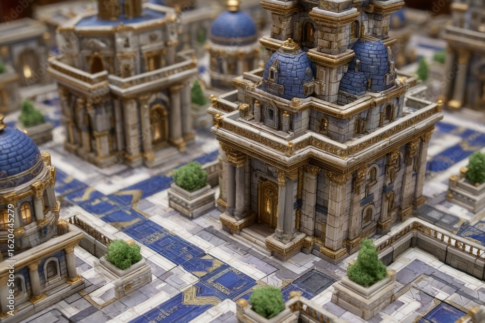 Poster miniature fantasy cityscape with intricate architecture displayed on a tabletop in natural lighting
