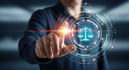 Closeup of a persons finger touching a futuristic digital interface displaying the scales of justice, symbolizing legal technology and fairness