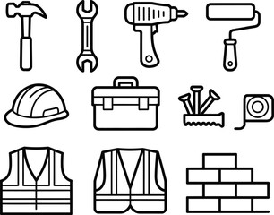 Collection of construction and diy tools and safety gear