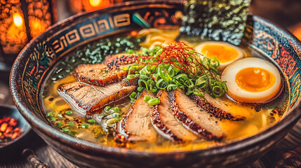 Steaming hot bowl of ramen with chashu pork, egg, nori seaweed and spring onions is waiting to be eaten