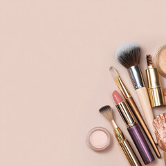 Elegant Makeup and Skincare Accessories on Soft Background with Flowers