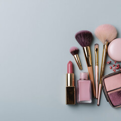 Elegant Makeup and Skincare Accessories on Soft Background with Flowers