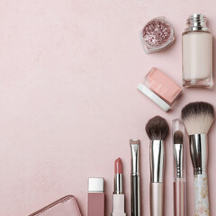 Elegant Makeup and Skincare Accessories on Soft Background with Flowers