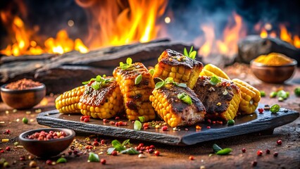 Photo of juicy grilled ribs and corn on the cob, seasoned with herbs and spices, served on a wooden board with a fiery barbecue background, perfect for a summer feast