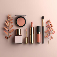Elegant Makeup and Skincare Accessories on Soft Background with Flowers