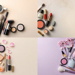 Elegant Makeup and Skincare Accessories on Soft Background with Flowers