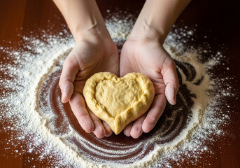 Overhead shot of hands holding a heart-shaped dough on a floured surface, a perfect visual for homemade baking blogs and family recipe books