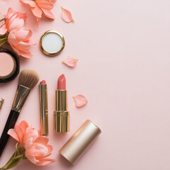 Elegant Makeup and Skincare Accessories on Soft Background with Flowers