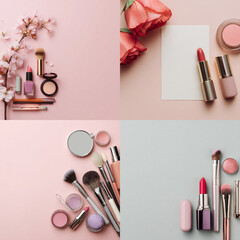 Elegant Makeup and Skincare Accessories on Soft Background with Flowers