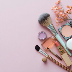 Elegant Makeup and Skincare Accessories on Soft Background with Flowers