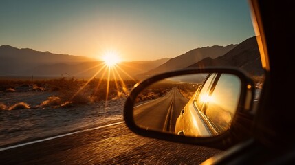 Sunset Road Trip with Desert Highway, and Car Mirror View.