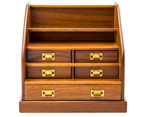 Wooden desktop organizer with small drawers and brass handles on a transparent background