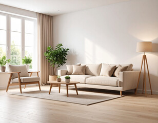 Cozy minimalist living room in scandinavian style featuring comfortable sofa and plants bright home environment inviting viewpoint