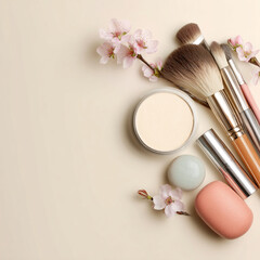 Elegant Makeup and Skincare Accessories on Soft Background with Flowers