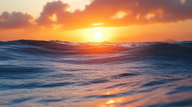 Ocean waves crashing during golden sunset over horizon