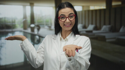 Hispanic woman scientist in uniform joyfully presents at an indoor spa pool setting, exuding...