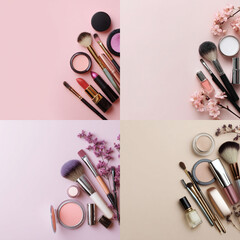 Elegant Makeup and Skincare Accessories on Soft Background with Flowers