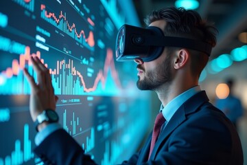 Businessman immersing in virtual reality world with floating KPI charts and metrics for data analysis