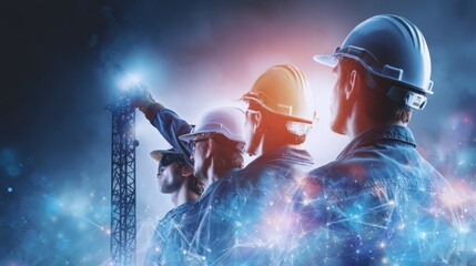 Diverse team of industrial engineers in safety helmets focused on glowing structure. Futuristic blue light and sparks suggest innovation, teamwork, and modern industry