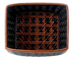 Top view of an empty woven two-tone plastic storage basket on a transparent background