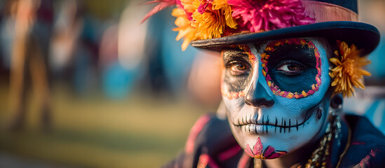 Person wearing catrina makeup for Dia de los Muertos celebration looking intensely