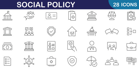 Social policy line icon set. Set of 24 icons related to health care, society, community, education, reform, services and more. Social policy linear style icons collection. Vector image.