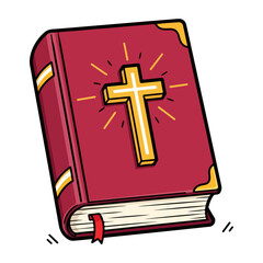Vector of a closed Catholic Bible, in maroon with a gold cross on the cover. Vector flat design cartoon. AI generated images.
