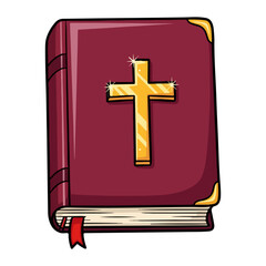 Vector of a closed Catholic Bible, in maroon with a gold cross on the cover. Vector flat design cartoon. AI generated images.