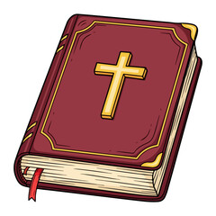 Vector of a closed Catholic Bible, in maroon with a gold cross on the cover. Vector flat design cartoon. AI generated images.