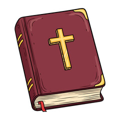Vector of a closed Catholic Bible, in maroon with a gold cross on the cover. Vector flat design cartoon. AI generated images.