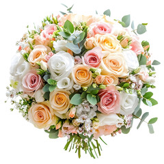 A beautiful and abundant floral arrangement featuring a variety of soft pastel roses and greenery isolated on transparent background