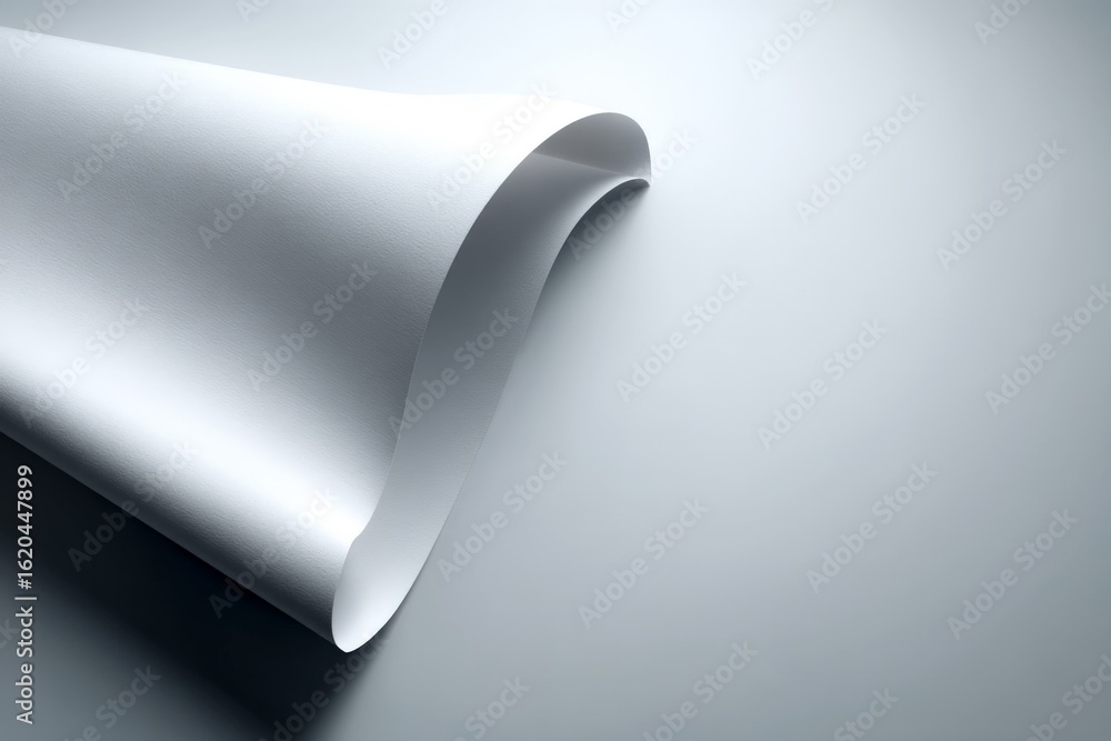 Poster smooth white paper rolls gently over a gray surface creating an elegant curve in soft lighting