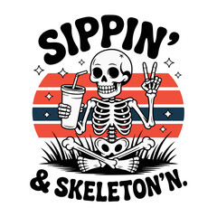 Fototapeta premium A skeleton is sipping a drink and making a peace sign in front of a retro striped background with grass