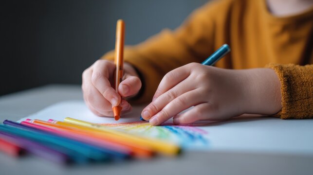 Focused child hand holding colorful pencil for drawing on paper. This art activity promotes creativity and education, showing moment of deep concentration