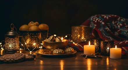 Eid Mubarack related items on a wooden table.