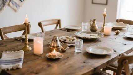 Table with Passover items and accessories related to the celebration.