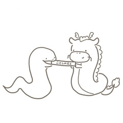 今年の干支のバトンを丁寧に渡すタツと受け取るヘビ　白黒