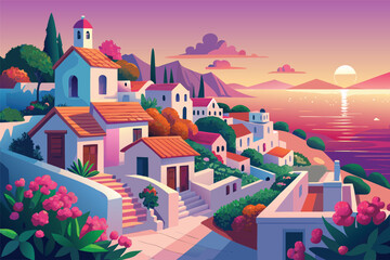 Idyllic Mediterranean village with pink flowers and sunset over the sea ocean