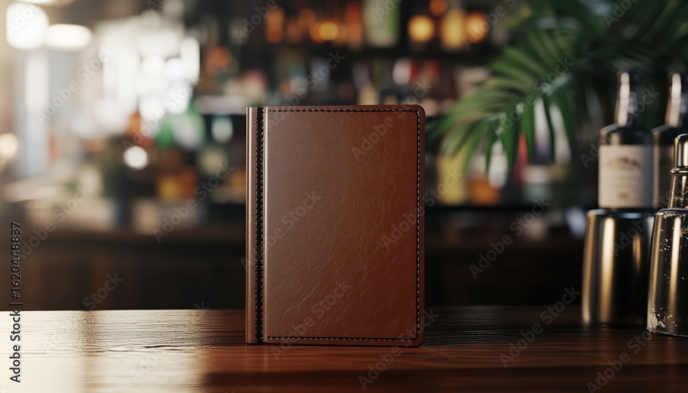 Poster blurred background mock up menu frame highlighting leather-bound menu book displayed in a bar settin