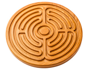 Round wooden labyrinth maze puzzle on a transparent background