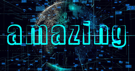 Amazing title, Animation of data processing over globe. Concept Artificial intelligence, new product, computing, digital interface and data processing