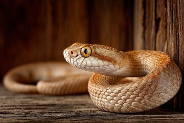 Fototapeta premium Coiled snake resting on wooden surface in natural habitat during daylight