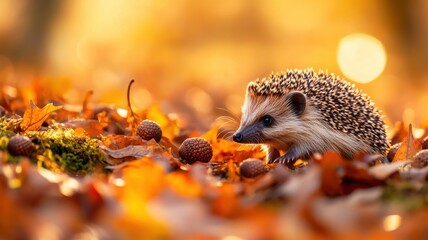 Small hedgehog walking through vibrant autumn leaves with textured spines and scattered acorns in a woodland setting