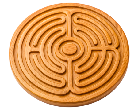 Round wooden labyrinth maze puzzle on a transparent background - Powered by Adobe