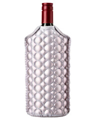 Bottle of wine in a silver quilted insulated chiller wrap on a transparent background