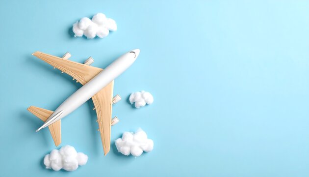 Toy Airplane Against Blue Background With Cotton Clouds