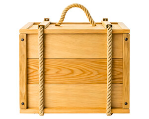 Closed wooden crate with a thick rope handle for transport on a transparent background