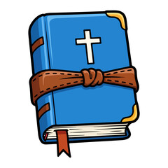 Vector Catholic Bible with a cross, tied with a brown leather strap. Vector flat design cartoon. AI generated images.