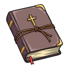 Vector Catholic Bible with a cross, tied with a brown leather strap. Vector flat design cartoon. AI generated images.