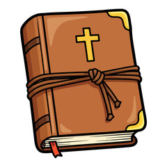 Vector Catholic Bible with a cross, tied with a brown leather strap. Vector flat design cartoon. AI generated images.